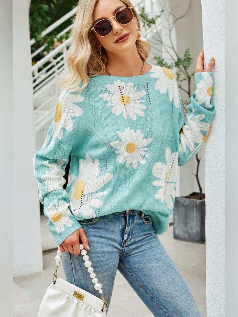 Angel Wings Daisy Print Openwork Round Neck Sweater